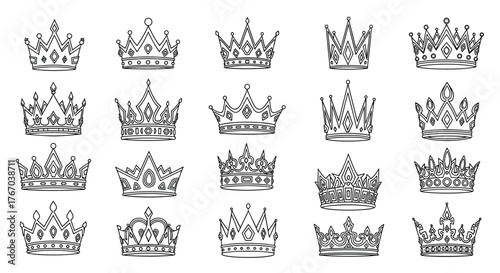 A collection of elegant and diverse royal crowns in a black and white outline style, representing monarchy and achievement.
