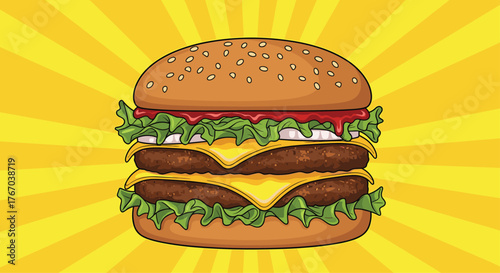 A mouth-watering cartoon illustration of a double cheeseburger with lettuce, cheese, and ketchup, set against a vibrant yellow pop art background.
