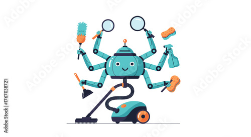 An efficient, smiling robot uses its many arms to expertly wield various household cleaning tools and operate a vacuum cleaner.