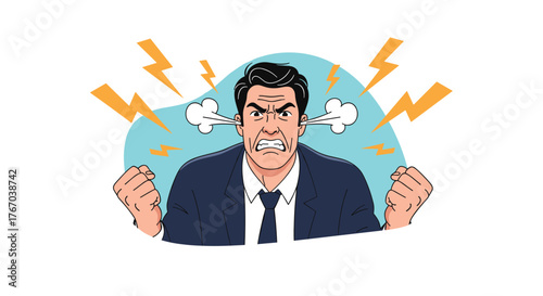 An angry man with steam coming out of his ears and lightning bolts around him clenches his fists in frustration or rage.
