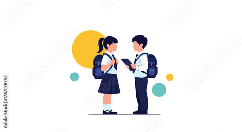 Two young school children in uniform with backpacks stand together, looking at a digital tablet or book in a simple, illustrative style.