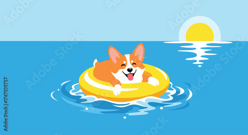 A happy corgi dog enjoys a relaxing swim in a yellow inflatable ring in the blue ocean at sunset.