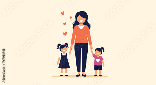 A loving mother smiles happily while holding hands with her two cheerful daughters, symbolizing family bonds and parental care.