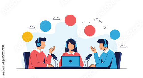 Three people, two men and a woman, are wearing headphones and speaking into microphones, engaged in recording a podcast or radio broadcast.