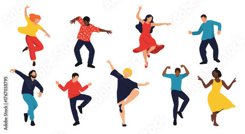 A diverse group of cheerful people in various energetic poses, celebrating life and movement together, showcasing joy and freedom through dance.