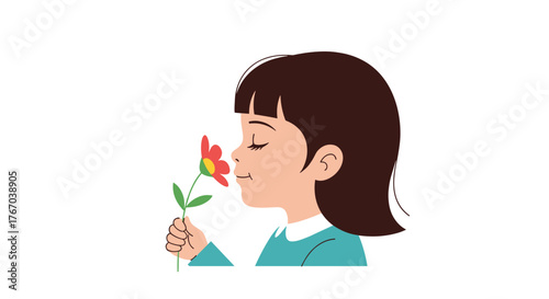 A happy young girl closes her eyes, enjoying the delightful aroma of a beautiful red and yellow flower held in her hand.