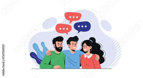 Three friends smiling and talking, depicted with speech bubbles, representing open communication, social connection, and mutual support.
