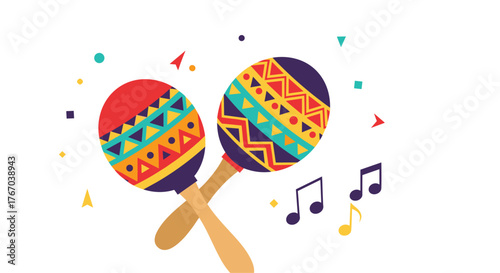 Colorful cartoon maracas with festive confetti and musical notes, celebrating music and culture.
