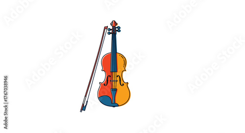 Hand-drawn illustration featuring a brightly colored violin and a bow, depicted with a playful and artistic touch on a clean white background.