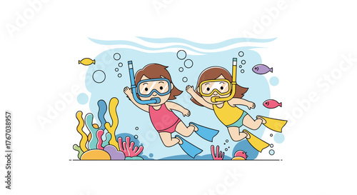 Two young girls in snorkeling gear swim gracefully underwater, exploring a vibrant coral reef alongside colorful fish.