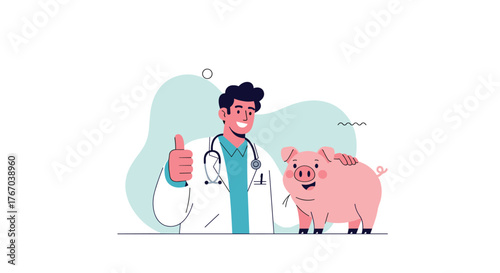A friendly male veterinarian wearing a lab coat and stethoscope gives a thumbs-up next to a happy pink pig being petted.