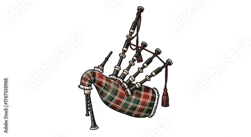 Traditional Scottish bagpipes with a classic red and green tartan pattern, an iconic wind instrument of Celtic culture.