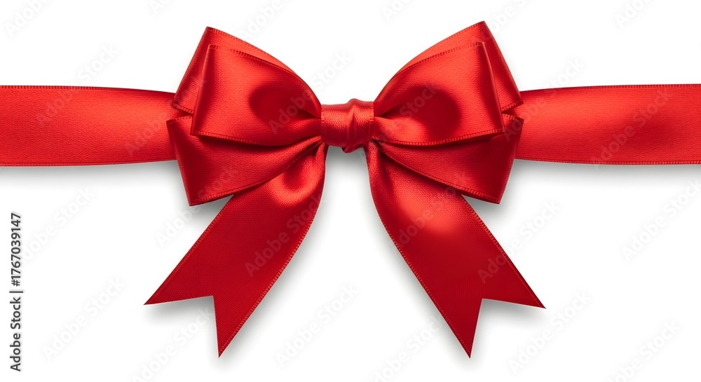 Fototapeta premium A vibrant red ribbon elegantly tied into a perfect bow, conveying a sense of celebration and elegance. The bow is centered with the ribbon extending outwards.