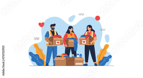 Volunteers organize and pack clothing and essential items in donation boxes for charity initiatives.