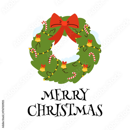 Vector Christmas wreath with text Merry Christmas, red bow, candy canes, bells. Festive winter decoration element for cards, packaging, and New Year design