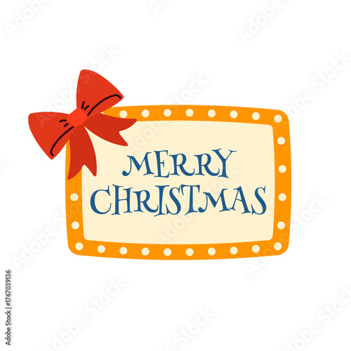 Vector Merry Christmas sign with red bow, and festive ornaments. Holiday greeting element for winter cards, banners, and New Year design