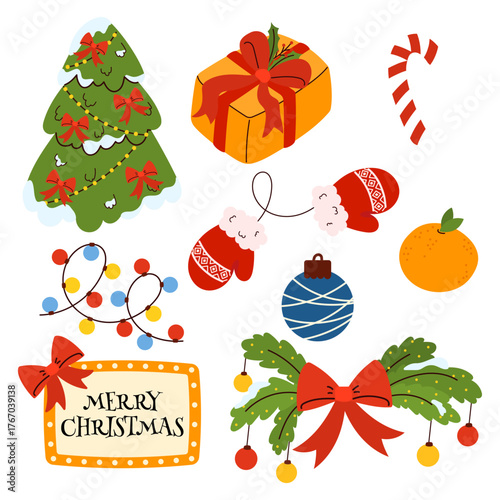 Vector Christmas set with tree, gift, mittens, candy cane, garland, bauble, and festive decor. Perfect for holiday cards, packaging, stickers, and New Year projects