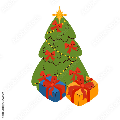 Vector Christmas tree with gift box. Cute festive illustration for cards, stickers, wrapping, and holiday decoration design