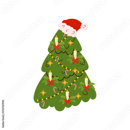 Vector Christmas tree with red bow, candle and garland. Cute festive illustration for cards, stickers, wrapping, and holiday decoration design
