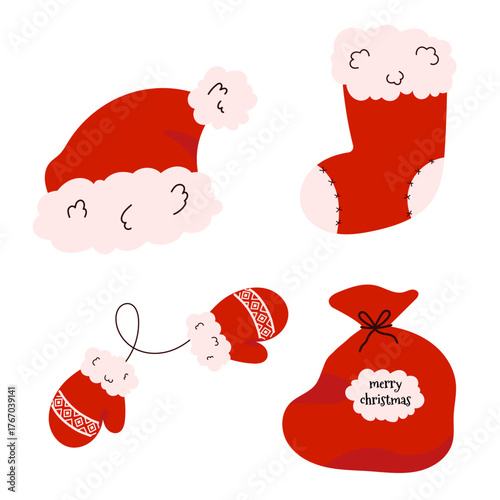 Vector Christmas set with Santa hat, stocking, mittens, and gift bag. Cozy red festive collection for holiday cards, packaging, stickers, and winter decoration