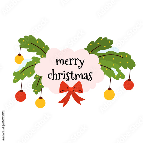 Vector Merry Christmas sign with pine branches, red bow, and festive ornaments. Holiday greeting element for winter cards, banners, and New Year design