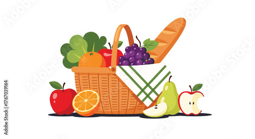 A vibrant illustration showcasing a traditional wicker picnic basket filled with fresh fruits, a baguette, and greens, surrounded by additional healthy snacks.