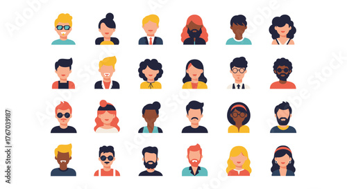 Diverse collection of minimalist flat-design avatar icons depicting various people with different hairstyles, facial features, and accessories.