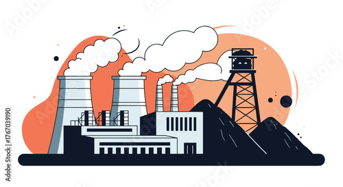 Industrial landscape with a coal-fired power plant featuring towering smokestacks emitting smoke, and an adjacent coal mine operation.