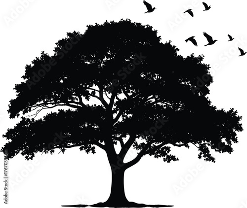 Tree with birds flying silhouette cartoon illustration, symbolic transition and expressive nature artwork for lifestyle and emotional design