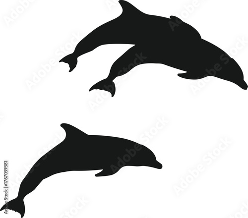 Two dolphins swimming silhouette cartoon illustration, symbolic harmony and expressive gesture artwork for lifestyle and emotional design
