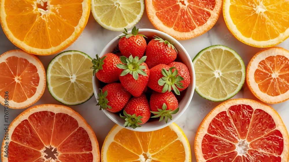 Obraz premium Fresh Strawberries with Citrus Slices – Healthy Summer Fruit Background