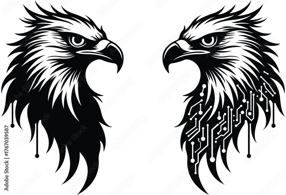 Fototapeta premium Futuristic Eagle Emblem with Circuit Lines, Cyber Eagle Vector with Circuit Board Feathers – Tech Meets Wildlife Design
