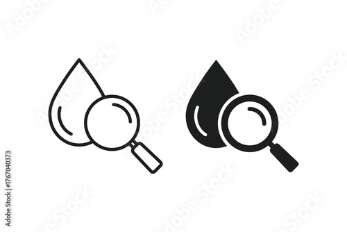 Water research icon set. Laboratory test symbol. Water search icon. Magnifying glass with drop water pictogram. Liquid quality analysis sign