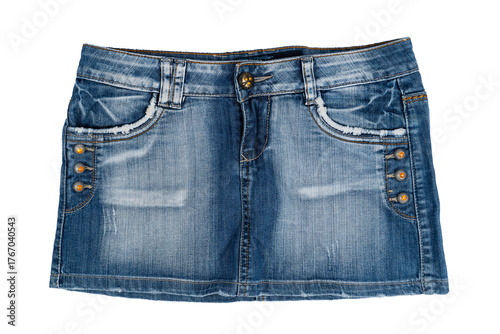 Short vintage denim skirt with scuffs and rhinestones on the sides