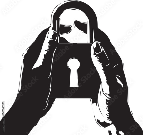 Hands holding an open padlock with a keyhole revealing a bright light or abstract pattern inside