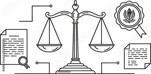 Symbolic scales of justice and magnified legal documents representing law and evidence