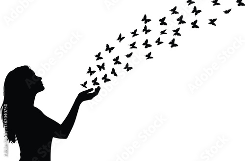 Woman releasing butterflies silhouette cartoon illustration, symbolic transformation and expressive gesture artwork for lifestyle and emotional design