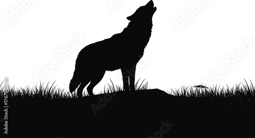 Wolf howling on grassy mound silhouette cartoon illustration, symbolic wildness and expressive gesture artwork for lifestyle and design