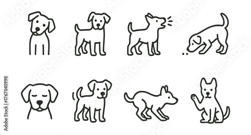 Line style icons of pet communication cues: head tilt, body posture, vocal signal, nose sniff, eye shape, tail wag, crouch