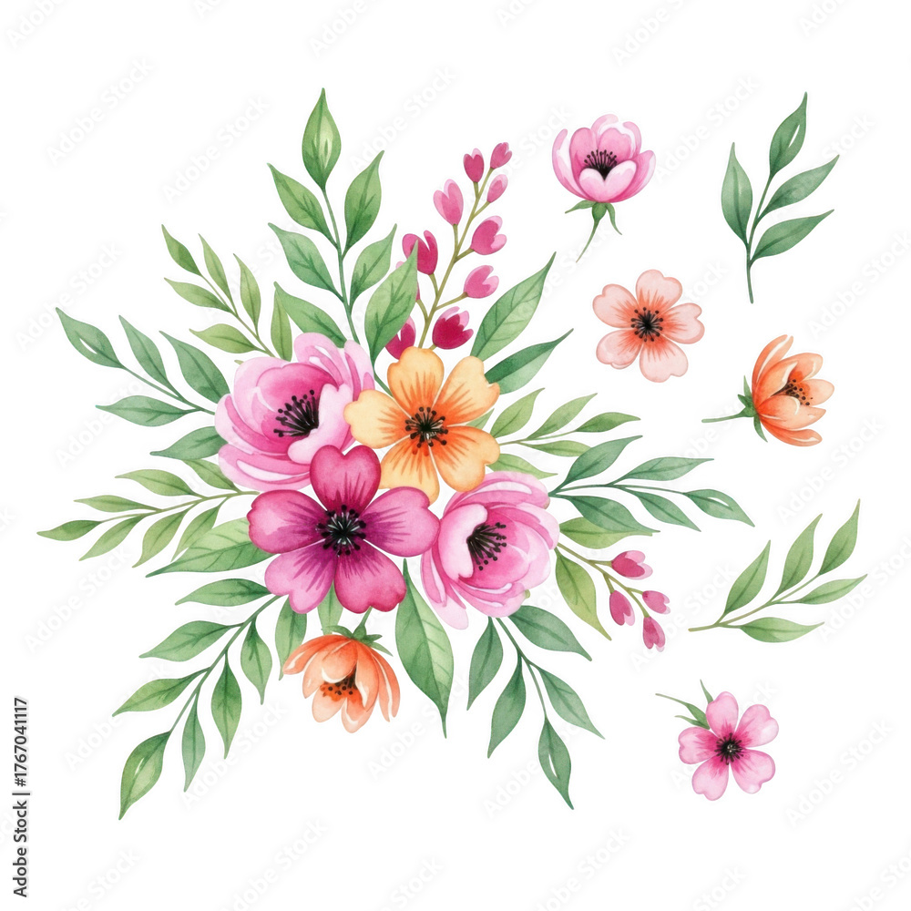 Fototapeta premium Beautiful watercolor floral arrangement of pink orange and yellow flowers and green leaves isolated on transparent background