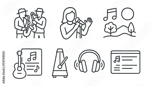 Line style icons of music and sound: jazz ensemble, pop star icon, acoustic setlist, ambient music, surround headphones, tempo