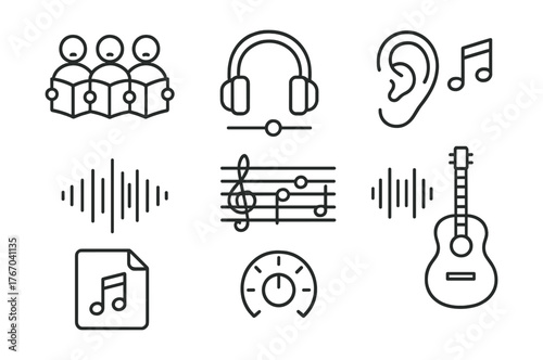 Line style icons of music and sound: choral music, sound session, ear training, tonal scale, audio file icon, reverb control,