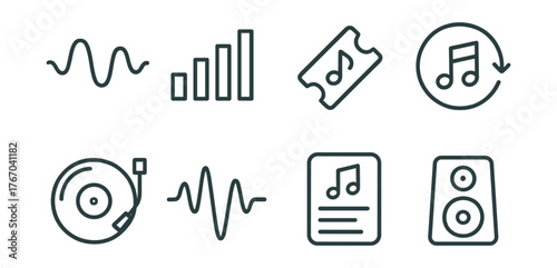 Line style icons of music and sound: acoustic wave, music frequency graph, concert ticket, rhythm loop, vinyl turntable, digital