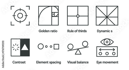 Line vector icons of art composition: focal point, golden ratio grid, rule of thirds, dynamic symmetry, contrast icon, element