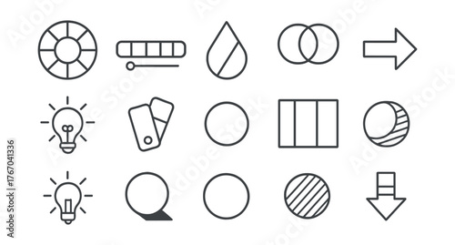 Line vector icons of color theory: color wheel, hue scale, saturation icon, color swatch, complementary colors, gradient arrow,