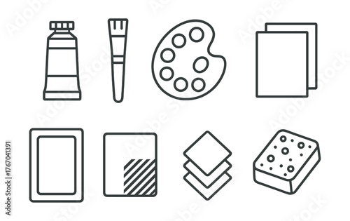 Line vector icons of gouache painting: gouache tube, flat brush, mixing palette, thick paper, color block, opaque swatch, layering