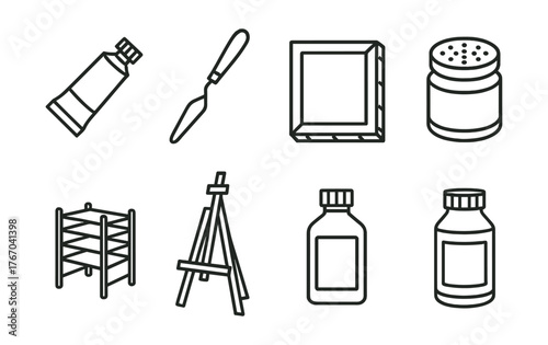 Line vector icons of oil painting: oil paint tube, palette knife, stretched canvas, brush cleaner, drying rack, easel, varnish