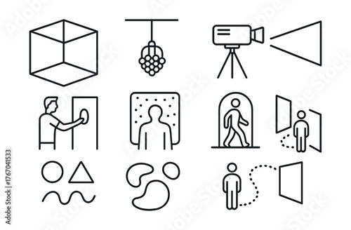 Line vector icons of installation art: room structure, hanging object, projector setup, physical interaction, sensor art,