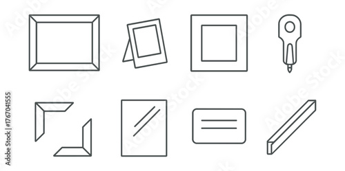 Line vector icons of frame design: wooden frame, photo holder, mat board, hanging hook, corner protector, glass pane, label card,