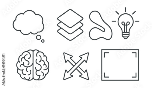 Line vector icons of conceptual art: thought bubble, layered meaning, abstract shape, idea light, brain icon, message banner,